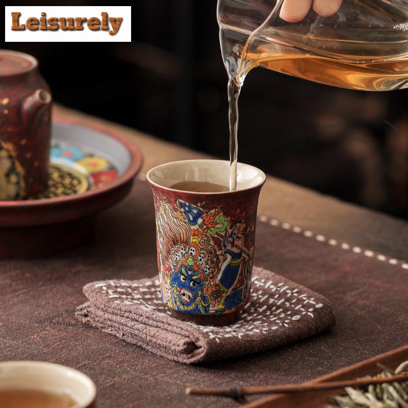61ml Plant Ash Thangka Hand Painted Mahakala Teacup Retro Tea Bowl Cup For Tea Tea-tasting Smelling Cup Chazhan Master Cups Cafe