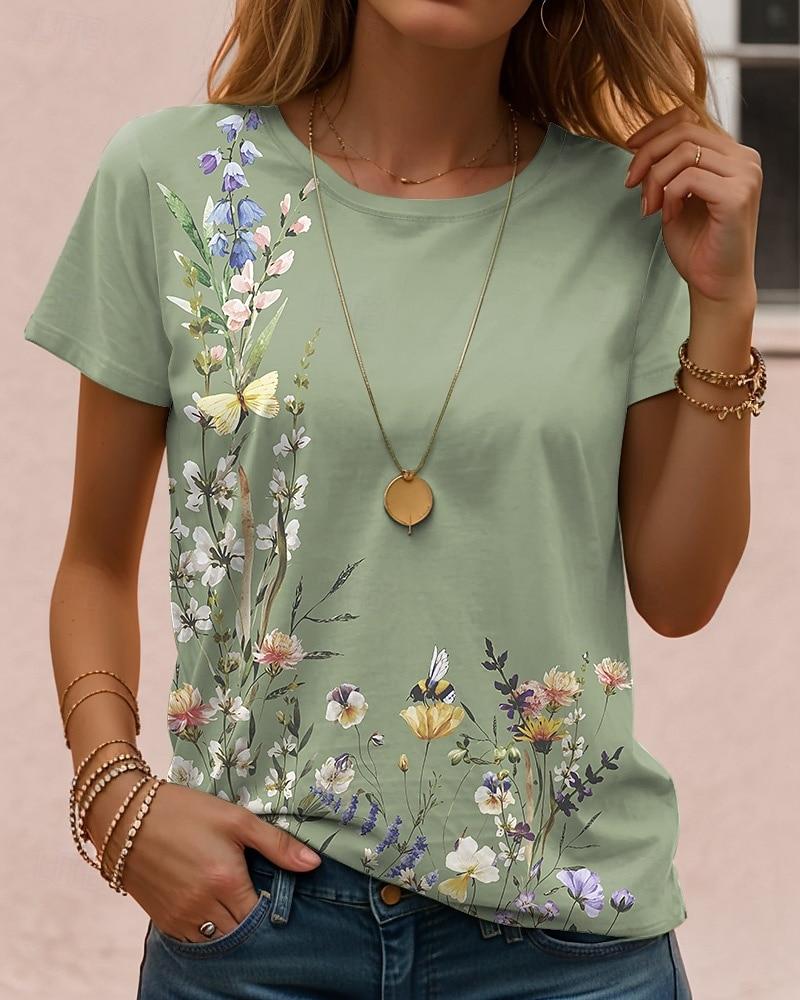 Floral Print Casual T Shirt Crew Neck Short Sleeve Tee For Women Summer Holiday Travel And Daily Outfits