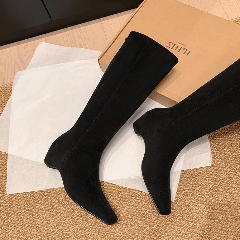 Autumn and winter leather fashion boots versatile pointed large size women's boots new suede sheepskin mid-heel wedge high boots women