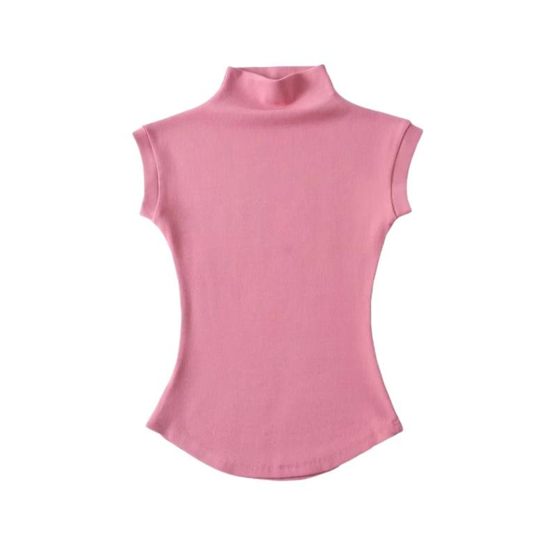 Women's Mock Neck Cap Sleeve Tank Top Slim Fit Y2K Solid Curved Hem Cotton Blend Cami Top