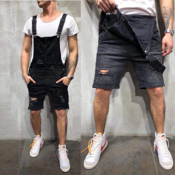 European & American Style Men's Slim Fit Ripped Denim Overalls, High-Waisted Work Shorts
