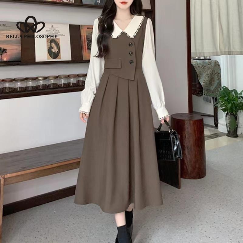 French Vintage Stitching Fake Two-piece Long-sleeved Dress Women's Spring and Autumn Doll Collar Elegant Long Dress