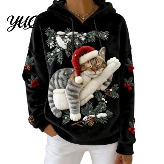 Winter Pullover Hoodie Damen Weihnachten Katze Aufdruck Hoodie, Übergroßes Langarm Sweatshirt, Tägliche Kleidung Sweatshirt Lässig Locker Kordelzug Kapuze