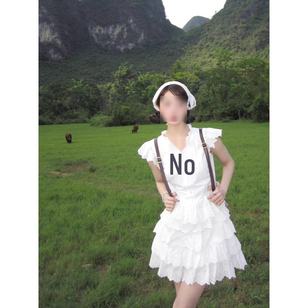

Women s Summer White Flutter Sleeve Dress - Waist-Hugging Petite College Style Short Cake Skirt M (suggested for 45-50 kg)