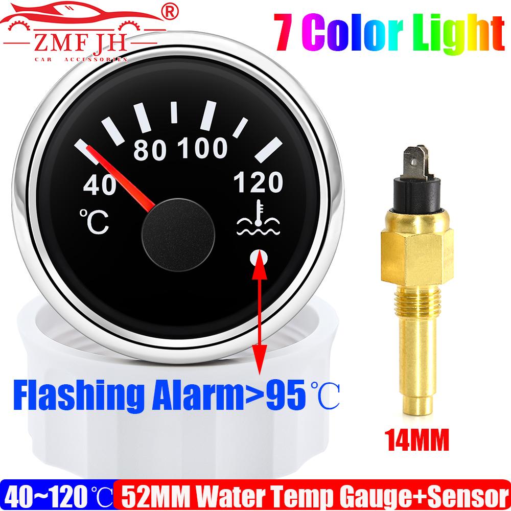 Auto Car 52MM Water Temperature Gauge with Warning Sensor 12MM,14MM,16MM 40-120℃ Water Temp Meter Indicator 7 Color Backlight