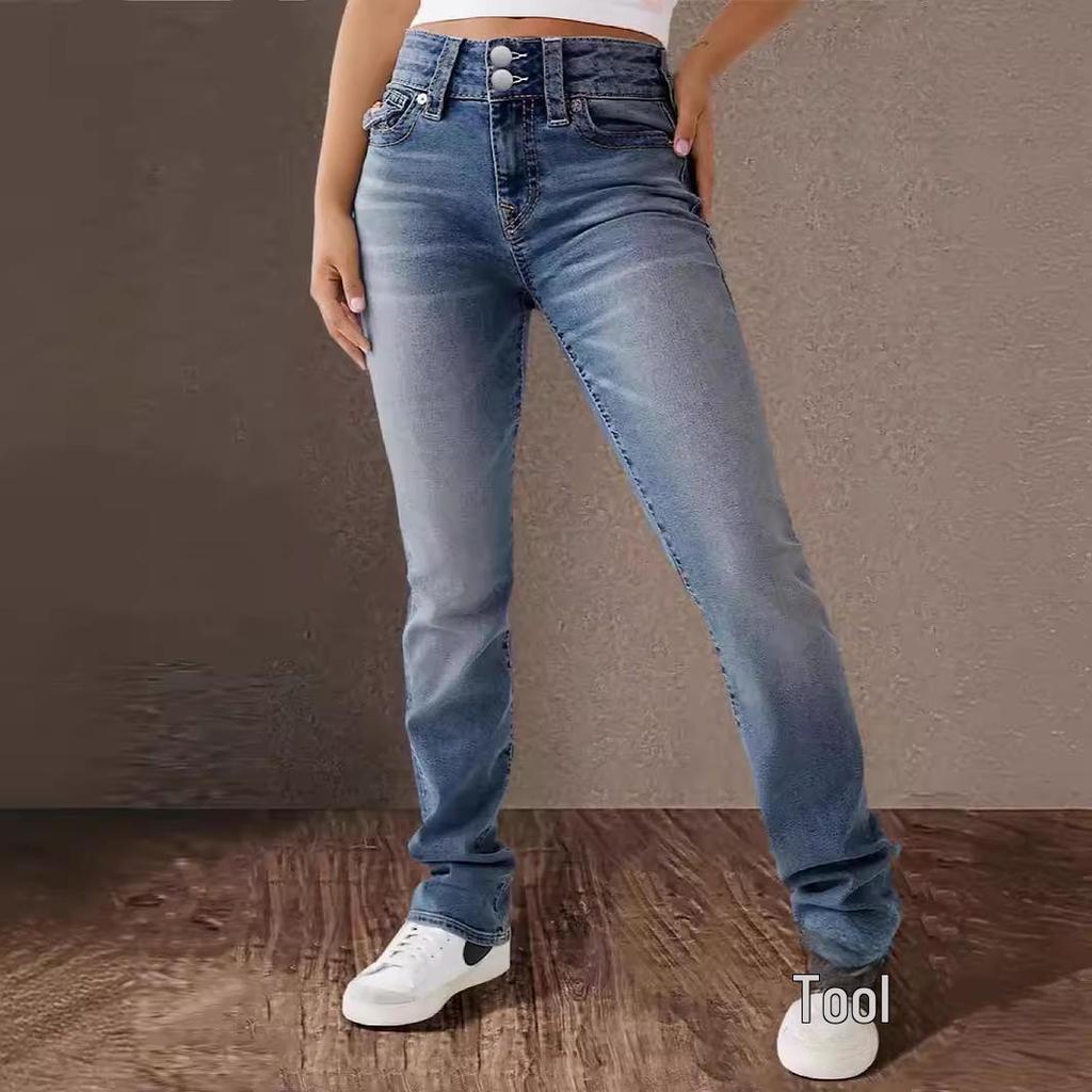 Women's Elastic High Waist Washed Denim Casual Pants