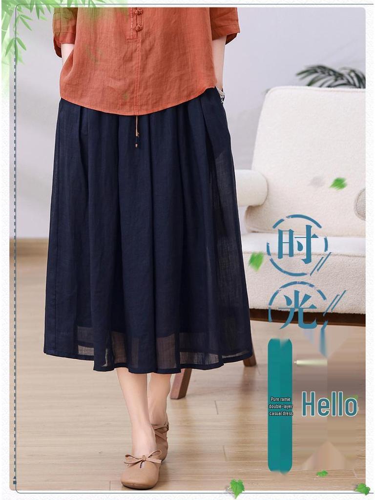 2025 Retro Graphite Wash Ramie Midi Skirt with Full Cotton Lining - Double Layer Flowy Slimming Long Skirt for Women
