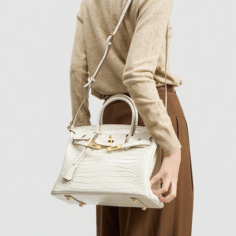 Borsa in pelle di vacchetta di primo strato con motivo coccodrillo bianco, borsa a tracolla di alta gamma, borsa a mano da donna grande in pelle per pendolari