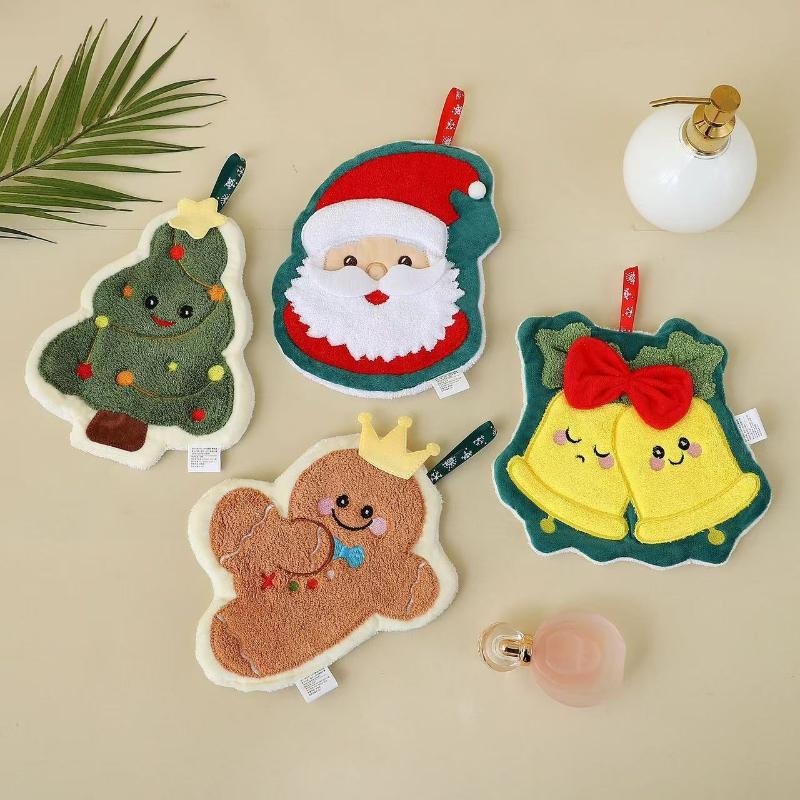Coral Fleece Christmas Santa Claus Hand Towels Water Absorption Quick-Drying Hand Towel Christmas Tree Bell Kitchen Bathroom