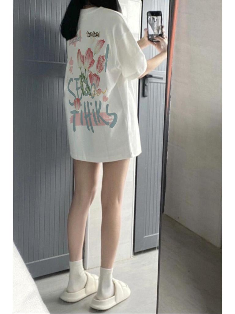 Unisex Plus Size Retro Cotton Short-Sleeve T-Shirt, Chic Hong Kong Style Loose Fit