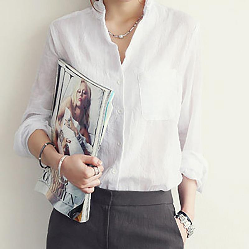 Women Autumn Korean Solid Cotton and Linen Blouse Vintage Solid Thin Loose Shirt Casual Long Sleeve Korean