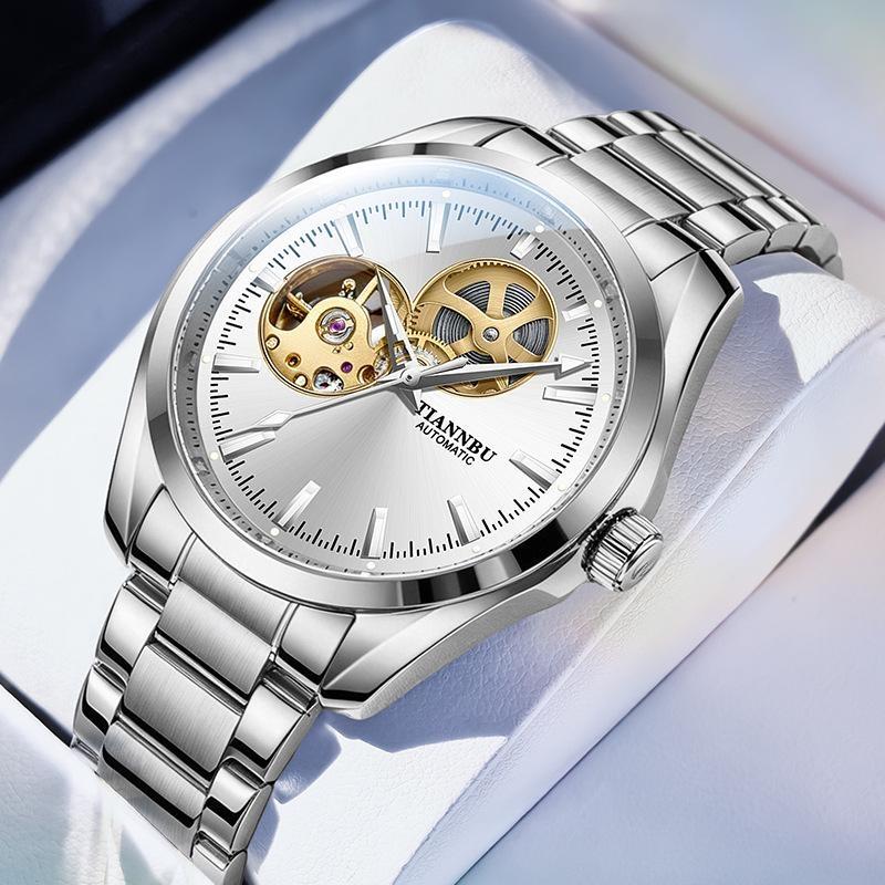 Gold Automatic Mechanical Watch for Men Luxury Skeleton Stainless Steel Waterproof Luminous Business Dress Wristwatch