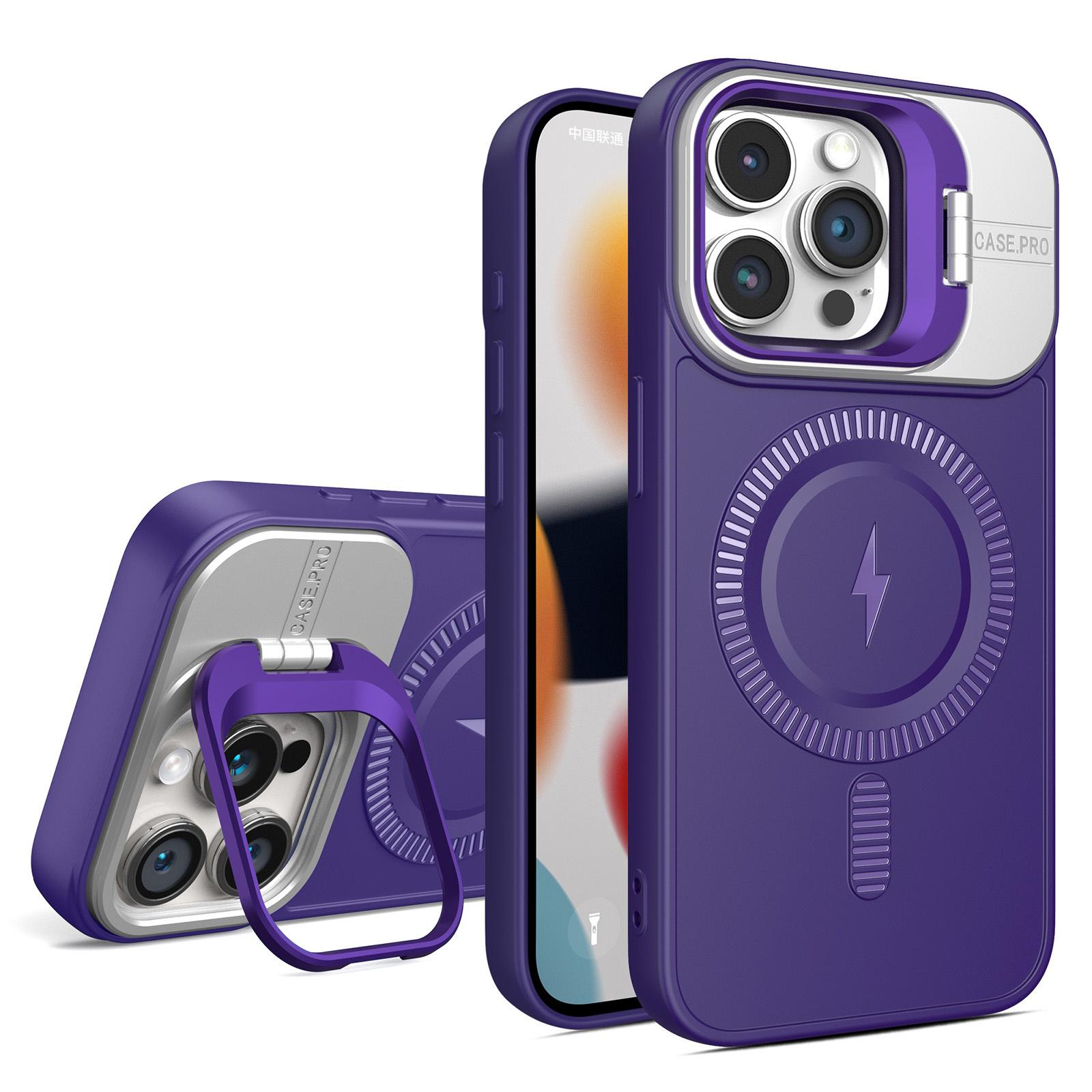 

For iPhone 15 Pro Max Magnetic Case Lens Frame Kickstand PC+TPU Phone Cover Dark Purple