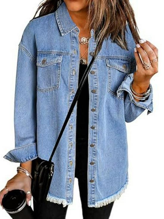 Women's Frayed Style Washed Denim Jacket - New Cross-Border European and American Design