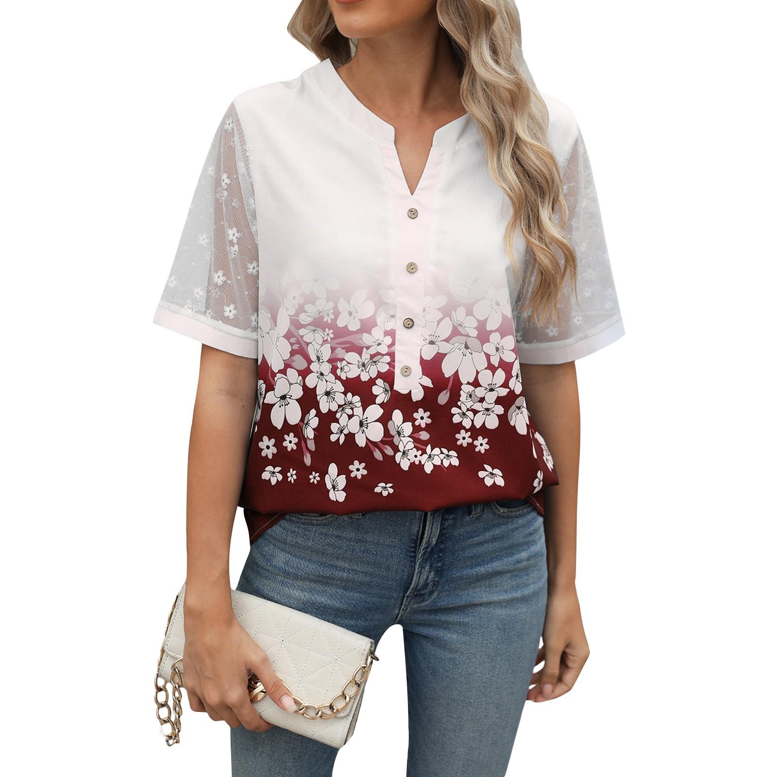 

Женская повседневная модная сексуальная удобная цветочная свободная футболка с V-образным вырезом и коротким рукавом XL винный