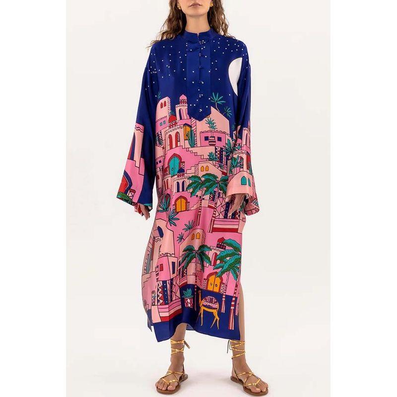 

European and American Autumn and Winter New Long Sleeves Satin Positioning Print Dress Ins Casual Loose Dress Printed S