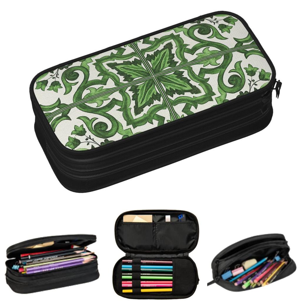 Green Ornate Floral Mediterranean Sicilian Tile Pencil Cases for Student School Pen Box Pencil Bag Large Capacity Pencil Pouch