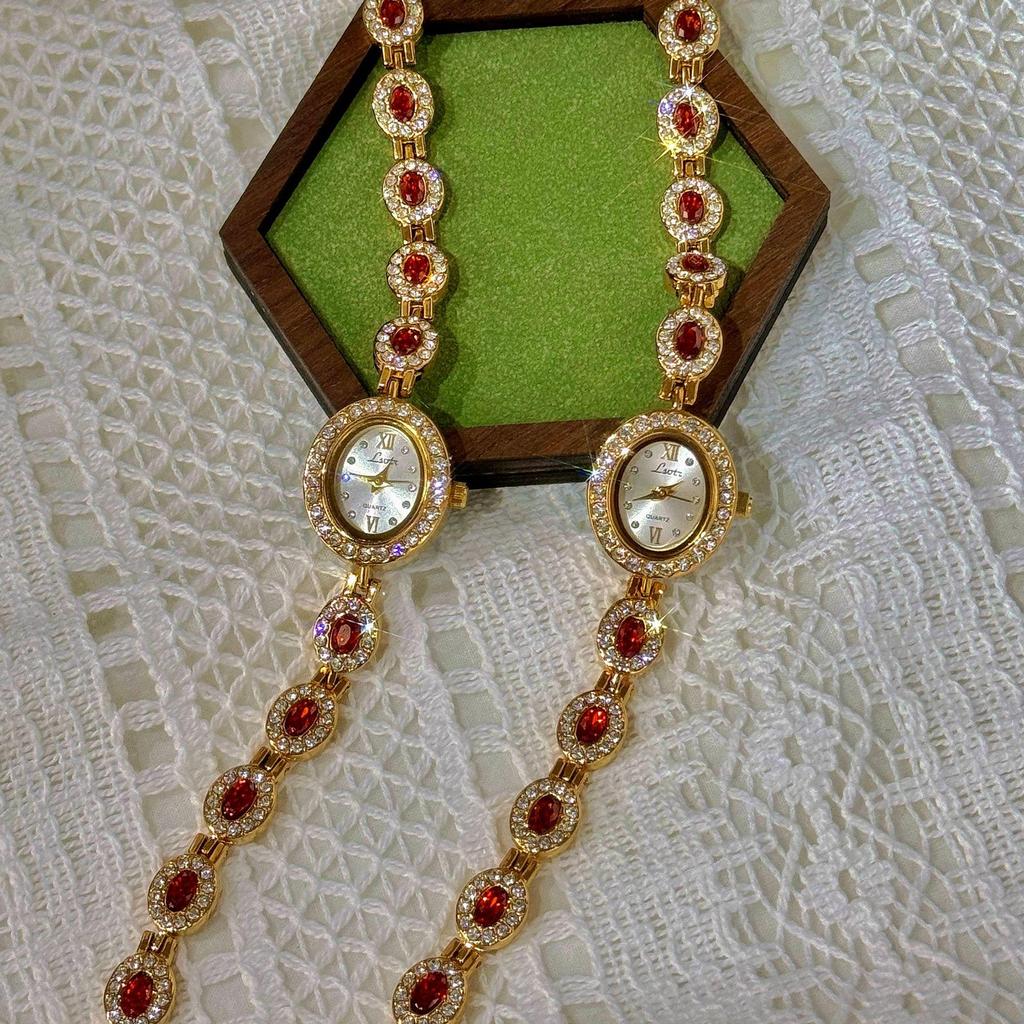 LSVTR Women's Vintage Trendy Oval Red and Green Gemstone Rainbow Light Luxury Watch