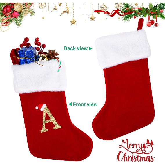 20 Inches Monogram Christmas Stockings with Letters, Large Super Soft Christmas Stockings Red Velvet with White Super Soft Plush Cuff for Christmas