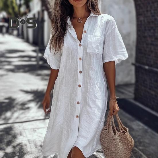 Dámská košile s klopami, krátkým rukávem, ležérní, dojížděcí styl, jednobarevná, volného střihu, knoflíková léga, pracovní košile