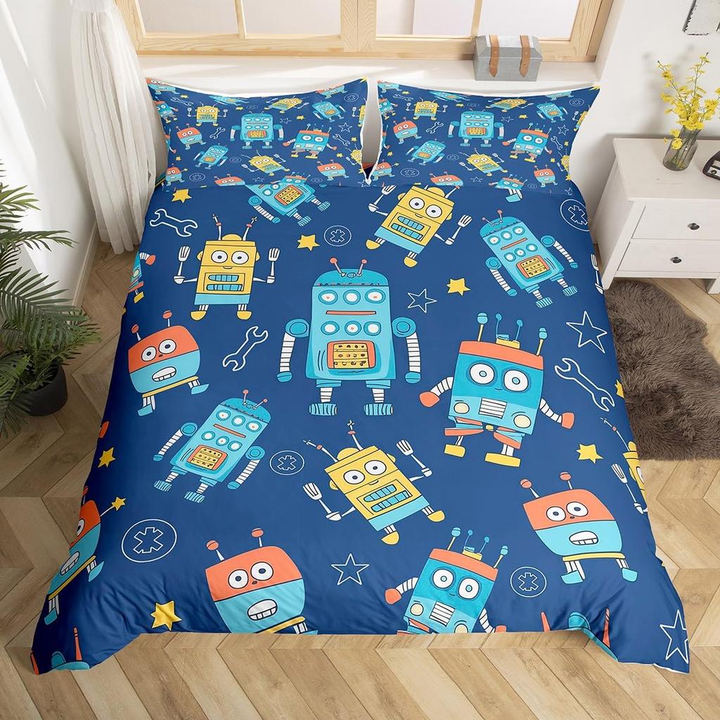 Cartoon Robot Duvet Cover Watercolor Screw Tools Bedding Set Modern Sci-Fi Robot Comforter Cover For Kids Polyester Quilt Cover