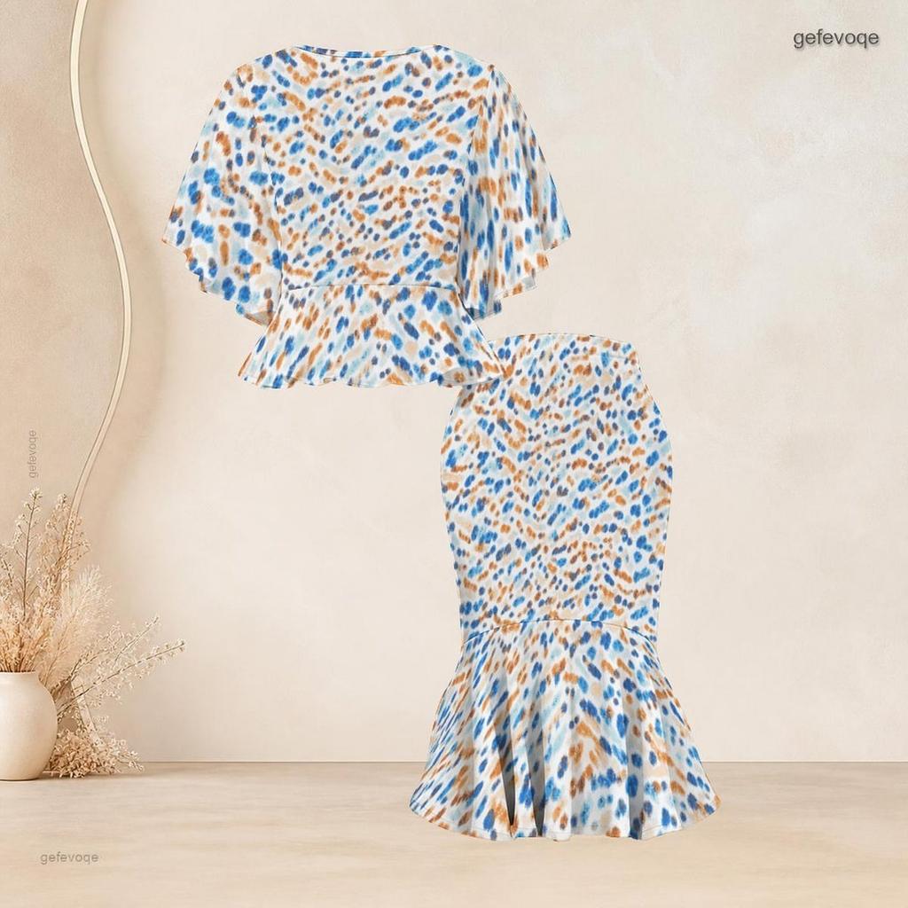 Women Plus Size Printed Round Neck Ruffle Sleeve Ruffle Hem Top Fishtail Skirt Two Piece Set