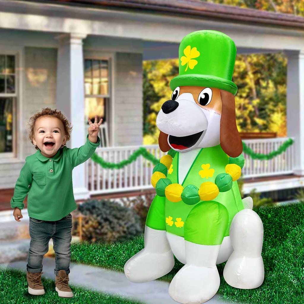 4FT St Patricks Day Inflatables Outdoor Decorations Blow Up Cute Dog Wearing Luck Shamrock Hat Bead Necklace, St. Patrick's Blow ups Irish Built-in