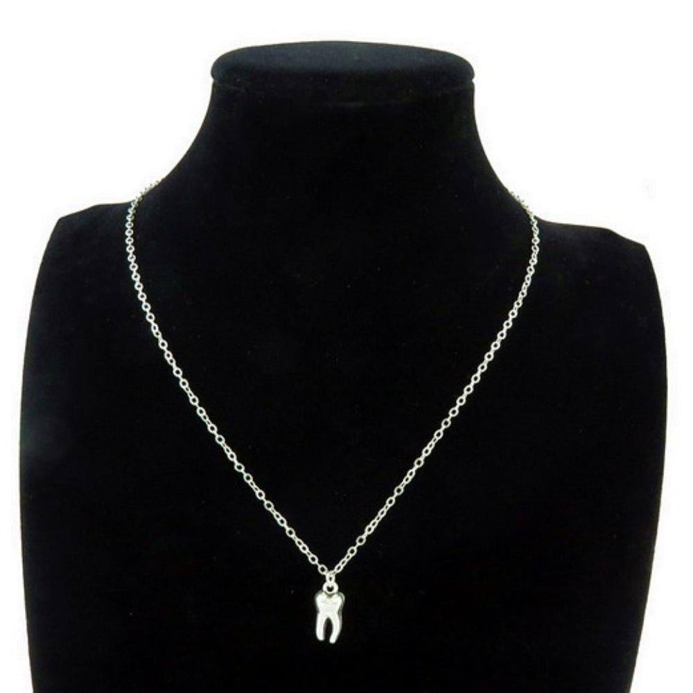 Retro Creative Silver Color Geometric Stereo Tooth Model Pendant Necklace for Women Men Medical Student Fashion Jewelry Gifts