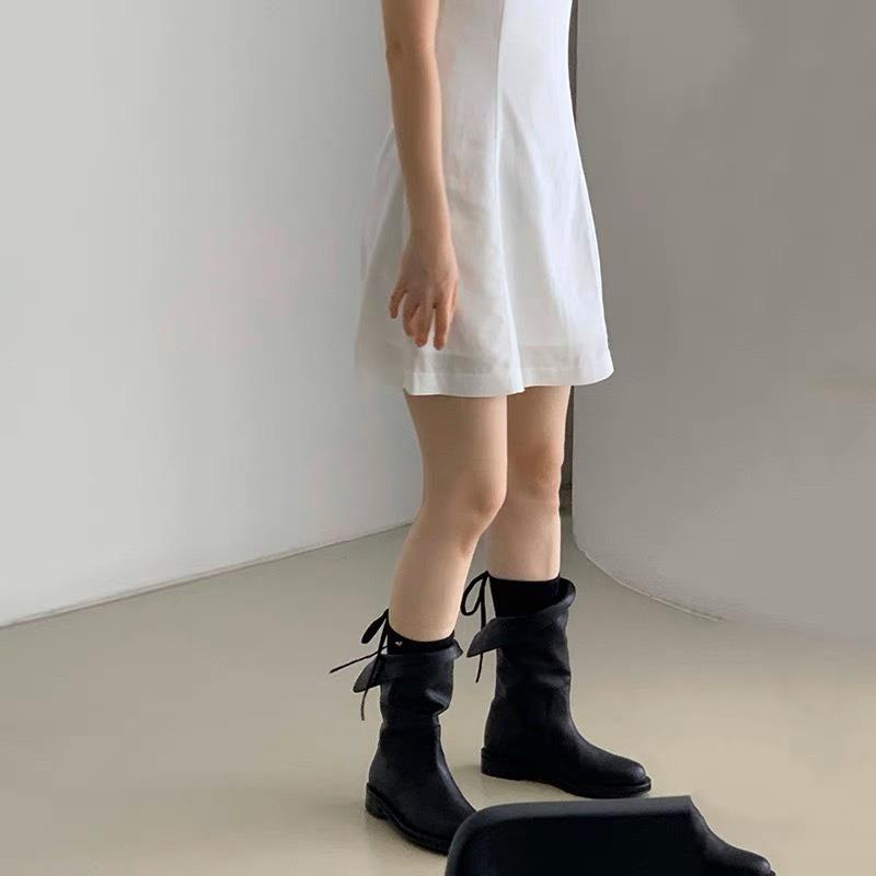 Sheepskin Version~ Short Boots Rear Split-end Flip-top Medium Boots Retro Leather Versatile Flat-bottomed Leather Boots Martin Boots