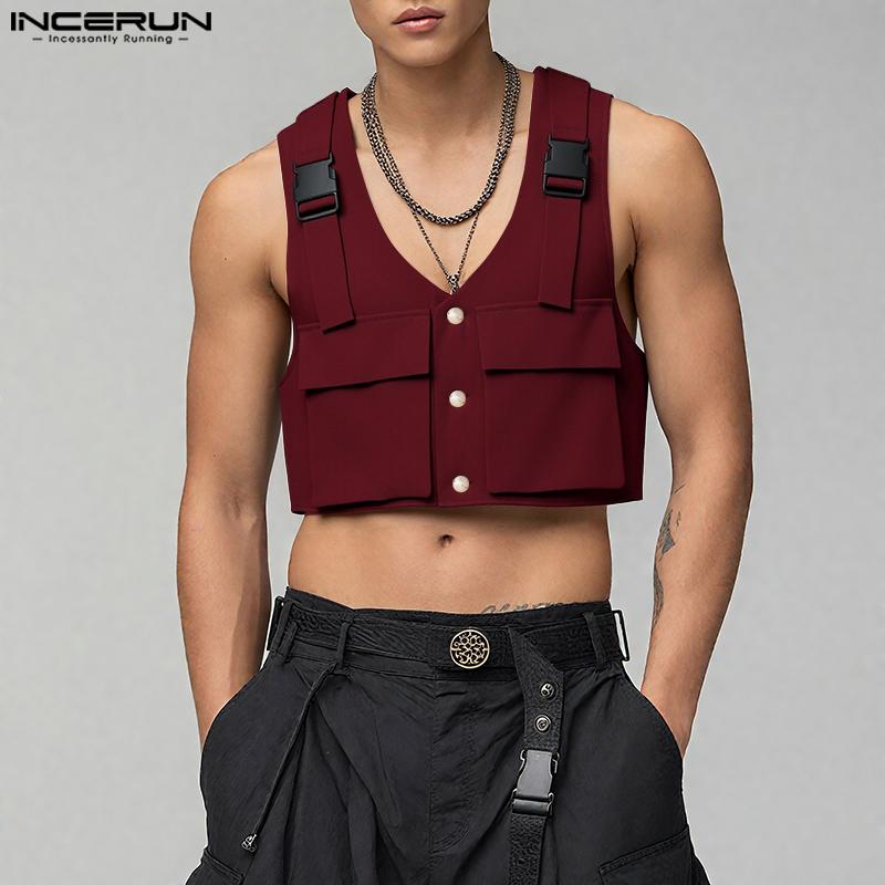 INCERUN Men Sleeveless Casual Loose Cargo Crop Tank Tops Waistcoat
