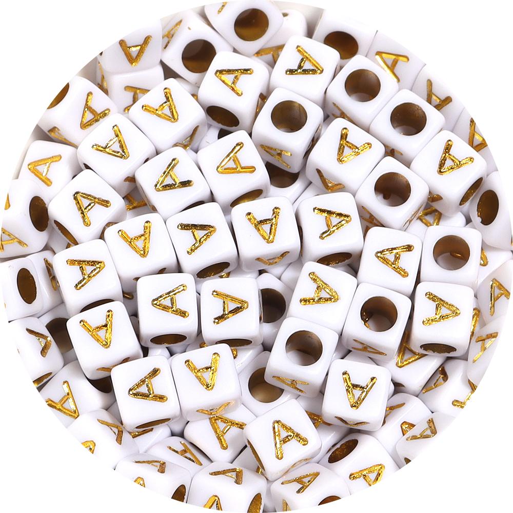 100pcs A-Z Acrylic Letter Square Beads Gold Color 6mm Large Hole Loose Bead for DIY Bracelet Necklace Jewelry Beaded Accessories