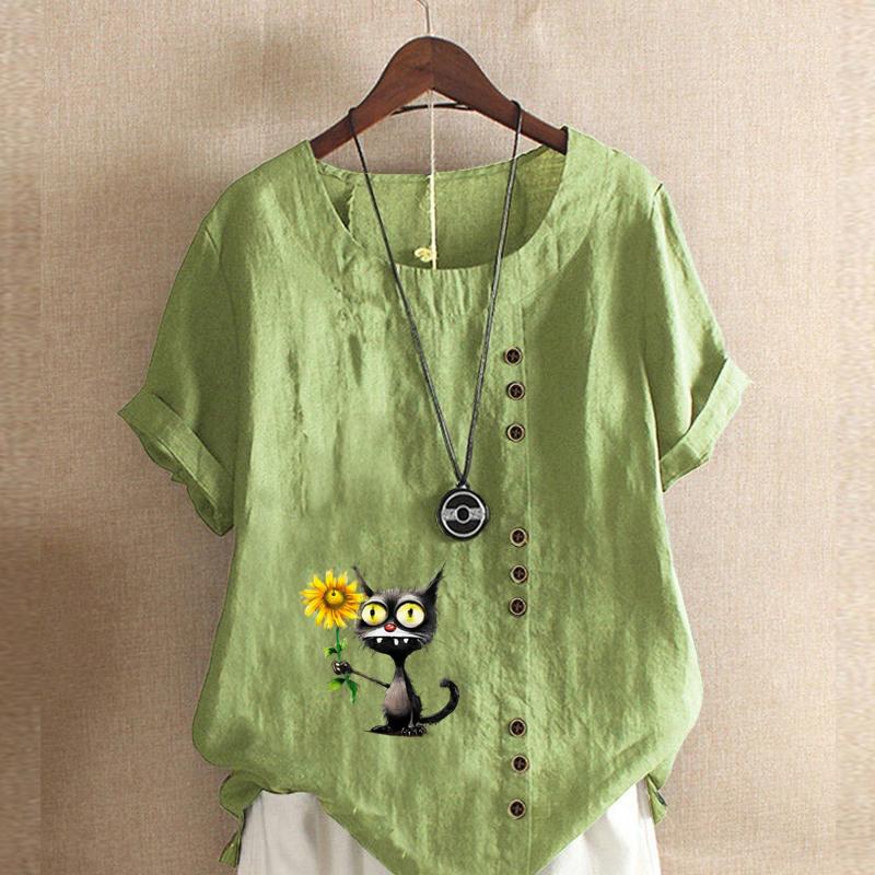 Women's Fashion Sunflower Black Cat Prined Short Sleeve T-shirt Loose Cotton Shirt Casual Loose Summer Blouse Tops Plus Size