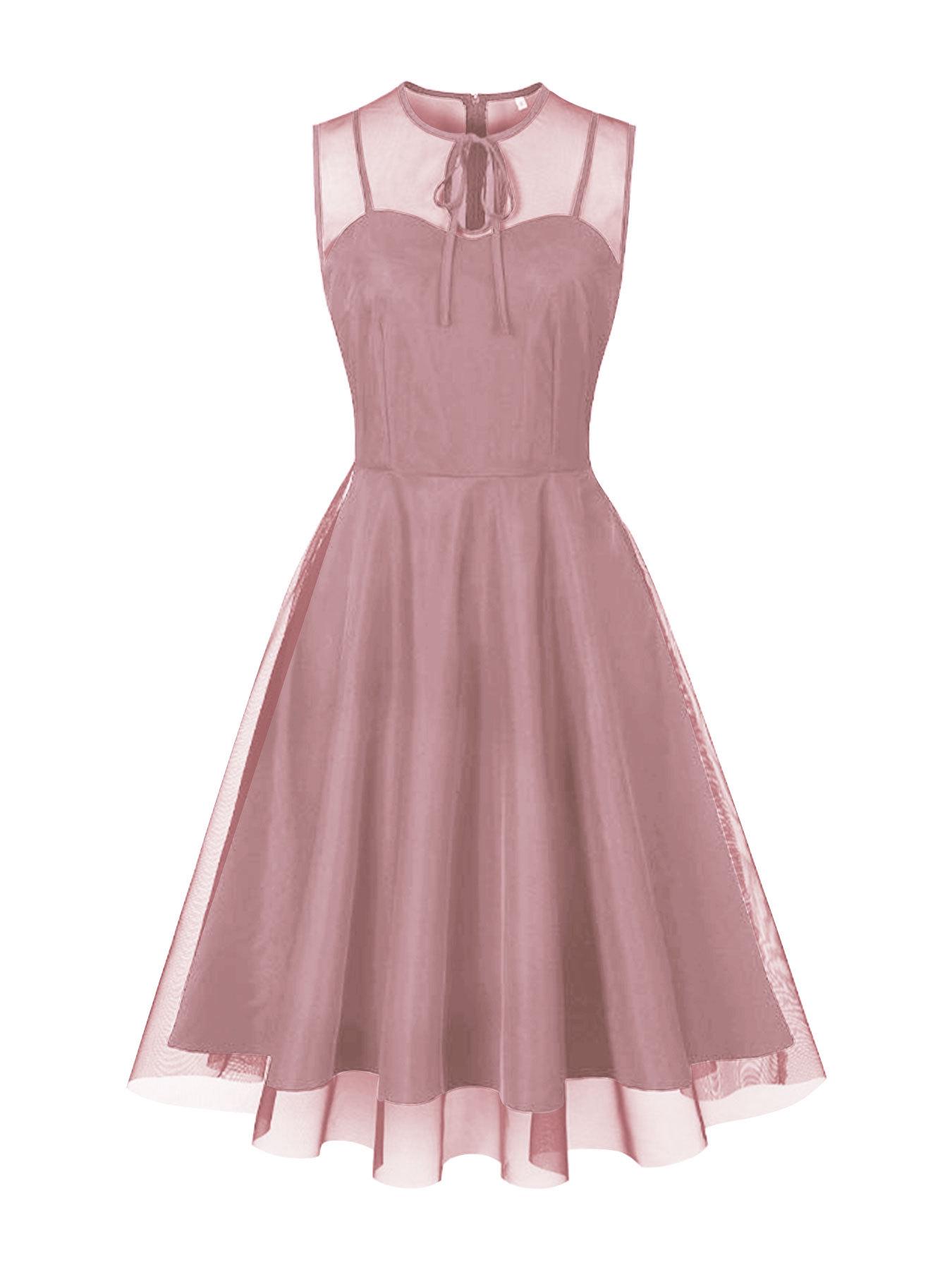 

Елегантна ретро сітчаста сукня з поясом-бантом і широким подолом S рожевий