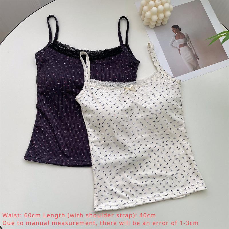 Summer Print Crop Tops for Women Bow Lace Camisole Sexy Backless Vest with Padded Basic Tank Top Style Y2K Streetwear