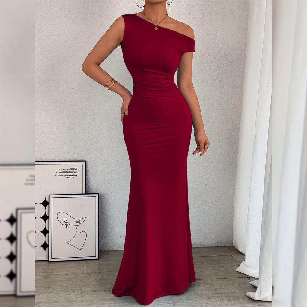 Women's Casual Fashion Slant Shoulder Collar Pleated Sleeveless Dress