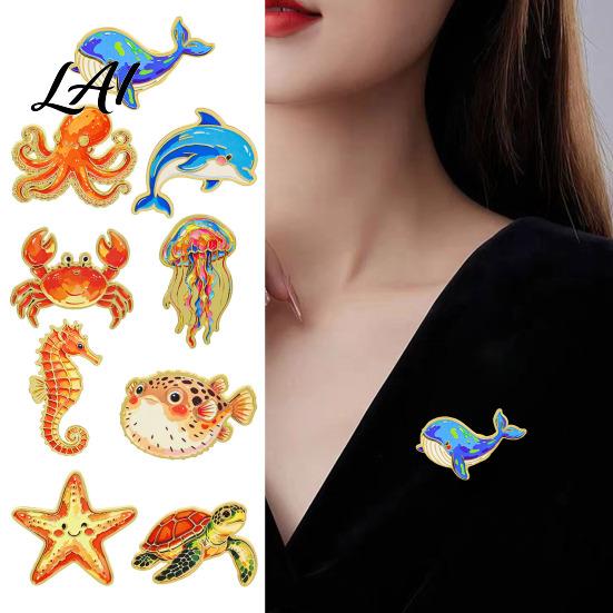 Ocean Life Enamel Pin Cartoon Sea Animal Metal Brooch Dolphin Whale Seahorse Octopus Brooch Badge Pin Hats Bags Scarves Clothes Decorative Accessory