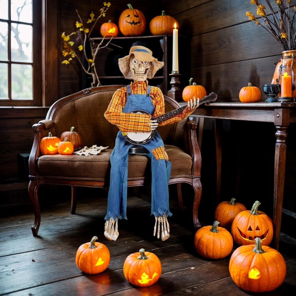 2025 Halloween Dueling Banjo Skeletons Spooky Singing Cowboy Skull Guitar Statue Desktop Ornament Halloween Decorations