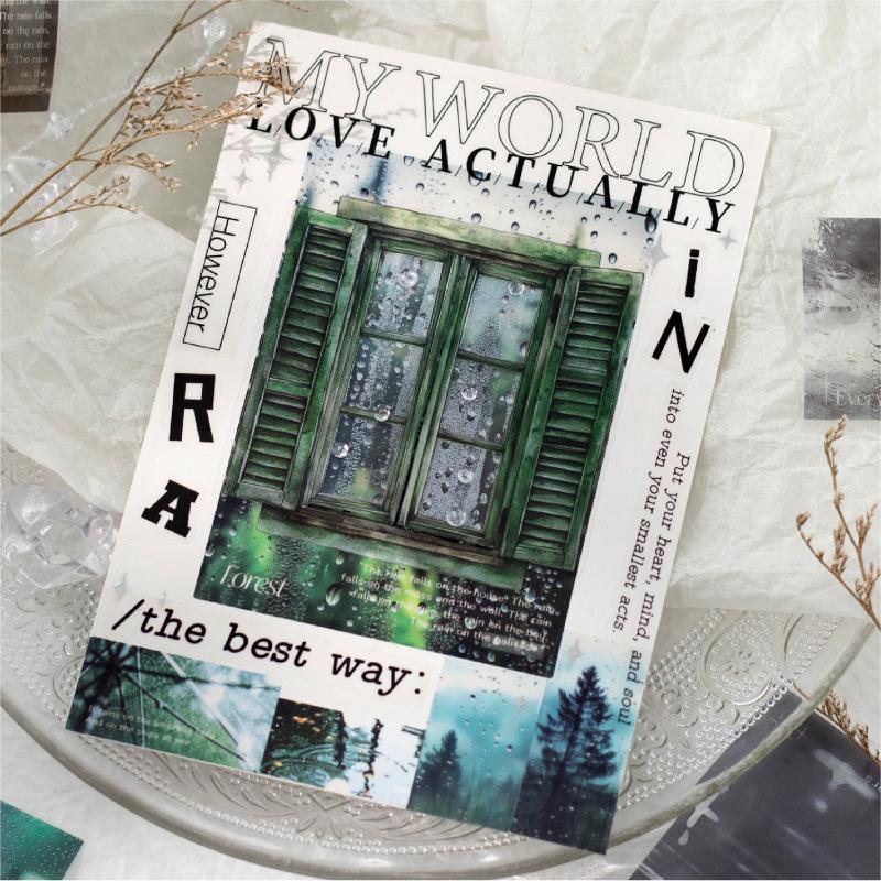 Retro Forest Cabin Rainy Day PET Die-Cut Tape: Window Scene Collage Decoration