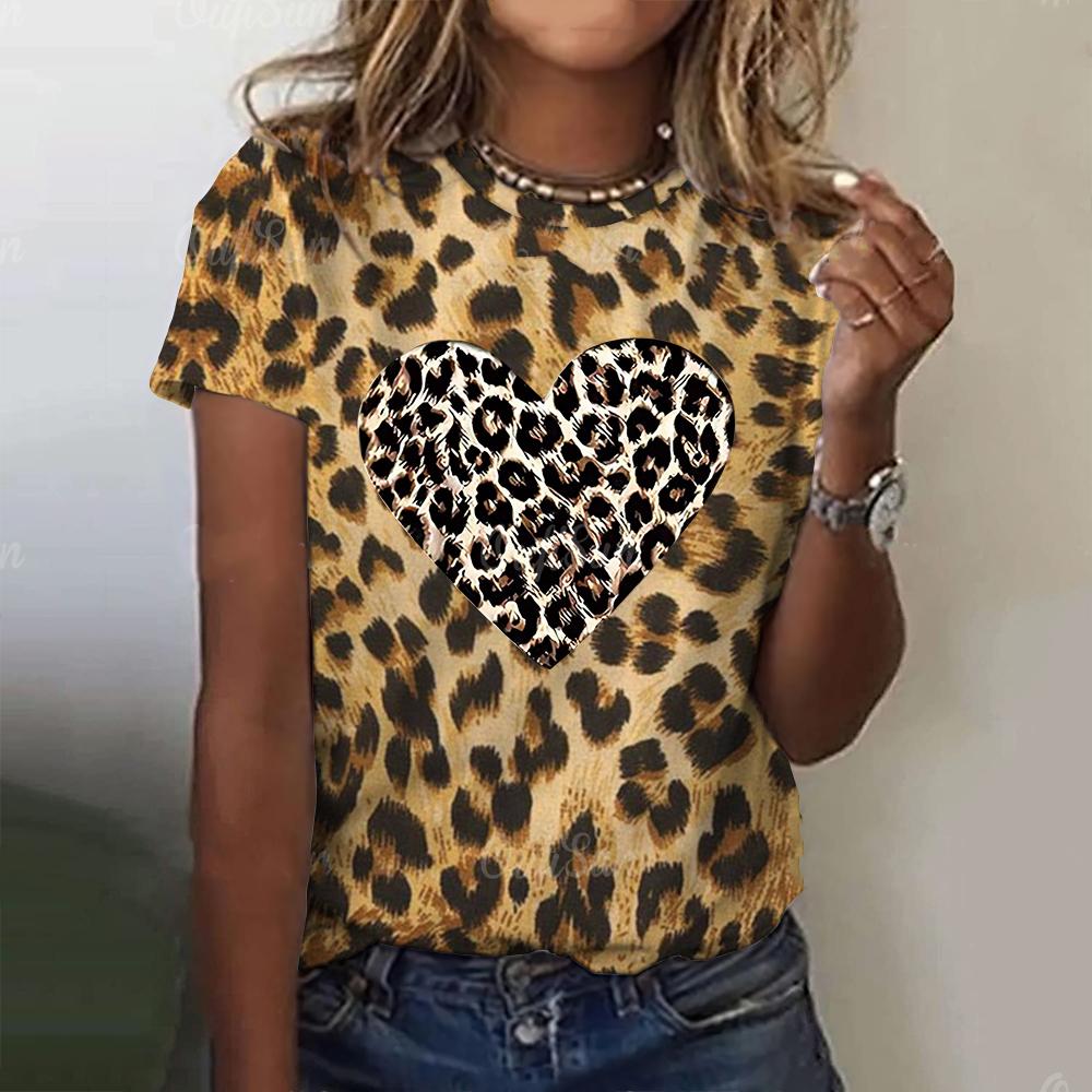 Módní leopardí trička Vzor srdce lásky 3D potisk Dámské tričko s krátkým rukávem a kulatým výstřihem Y2k Harajuku Tees Topy Dámské oblečení