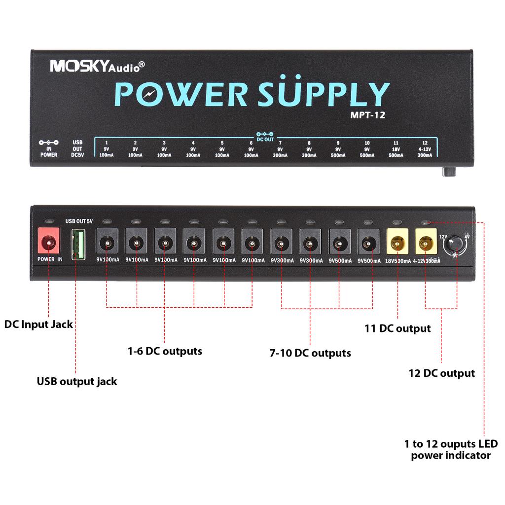 MOSKYAUDIO 12kanálový napájecí zdroj pro kytarový pedál s nezávislou LED ochranou proti zkratu