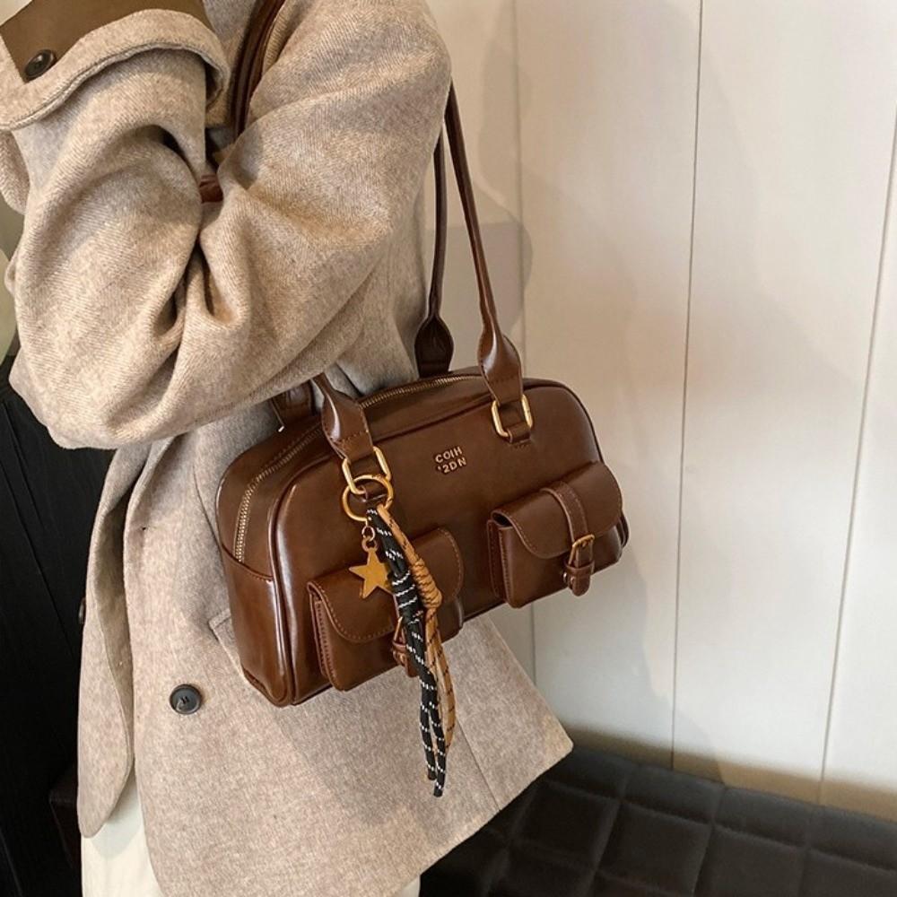 Solid Color Bowling Bag PU Leather Hobo Bag Portable Leather Shoulder Bag  Children