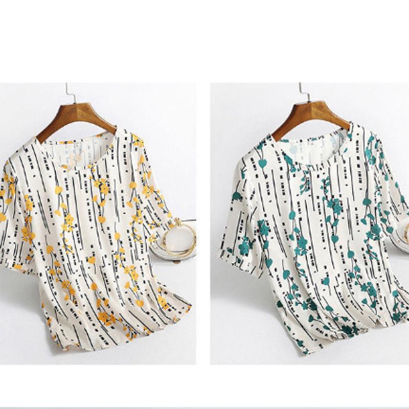 Eisseiden-T-Shirt für Damen mittleren und höheren Alters, Sommer, hochwertig, im westlichen Stil, modisch, große Größe, Druck, locker, bauchbedeckend, dünn, Oberteil für Mütter
