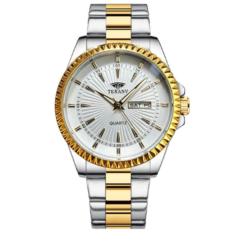 Herren Wasserdichte Doppelkalender Stahlarmband Quarz Armbanduhr Mode Business