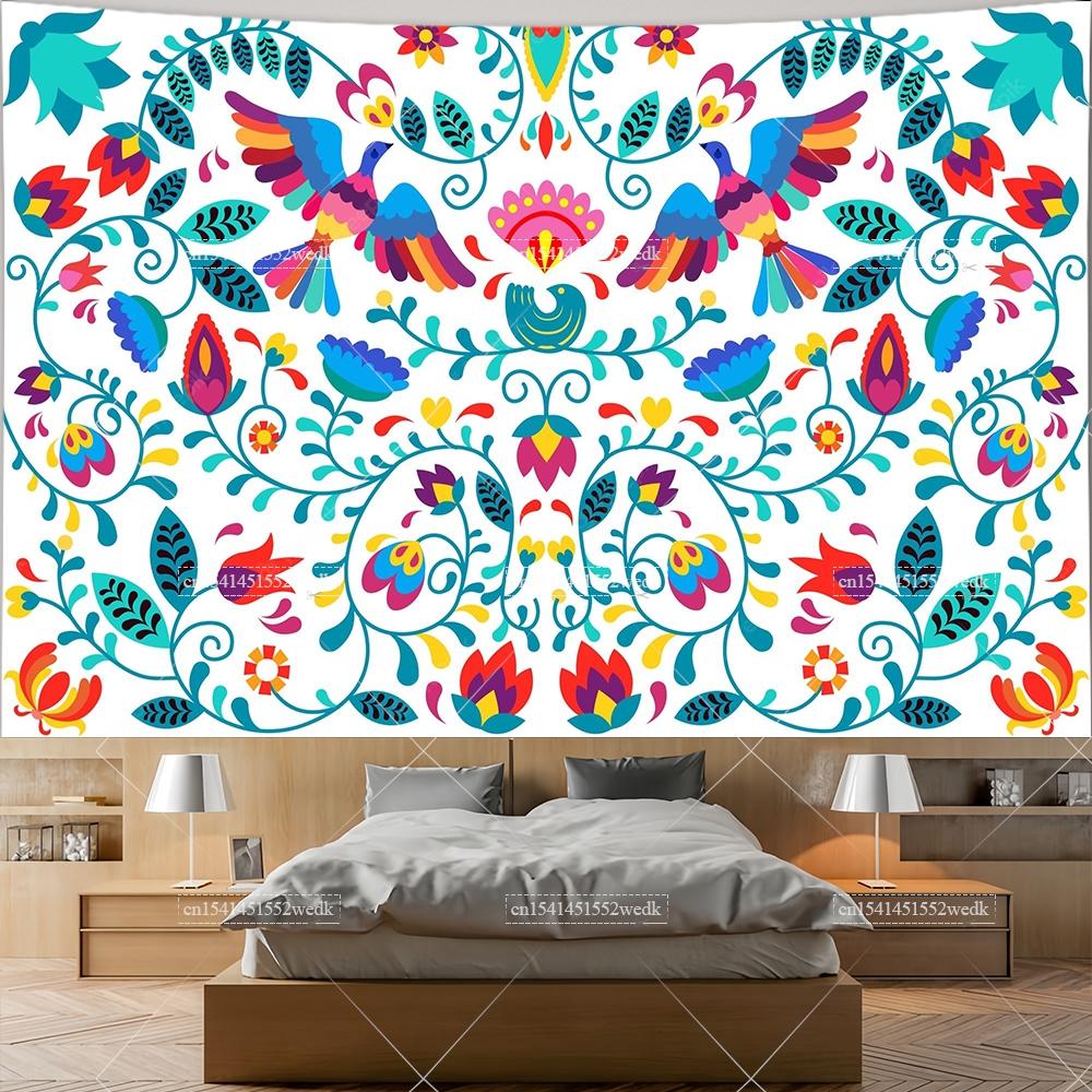 Mexiko Blumenteppich Mexikanische Pflanze Blumen Stickerei Ethnisch Otomi Vögel Wandteppiche Ästhetische Raumdeko Illustrationen Hintergrund