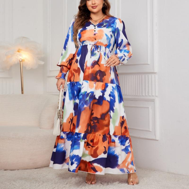 Women's Plus Size Loose Print Mid Length V Neck High Waisted Dress