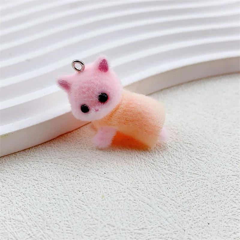 Dress Cat Pendant Cute 3D Hairy Flocking Animal Cat Charms Miniature Dolls Keychain Necklace Pendant DIY Crafts Jewelry Make