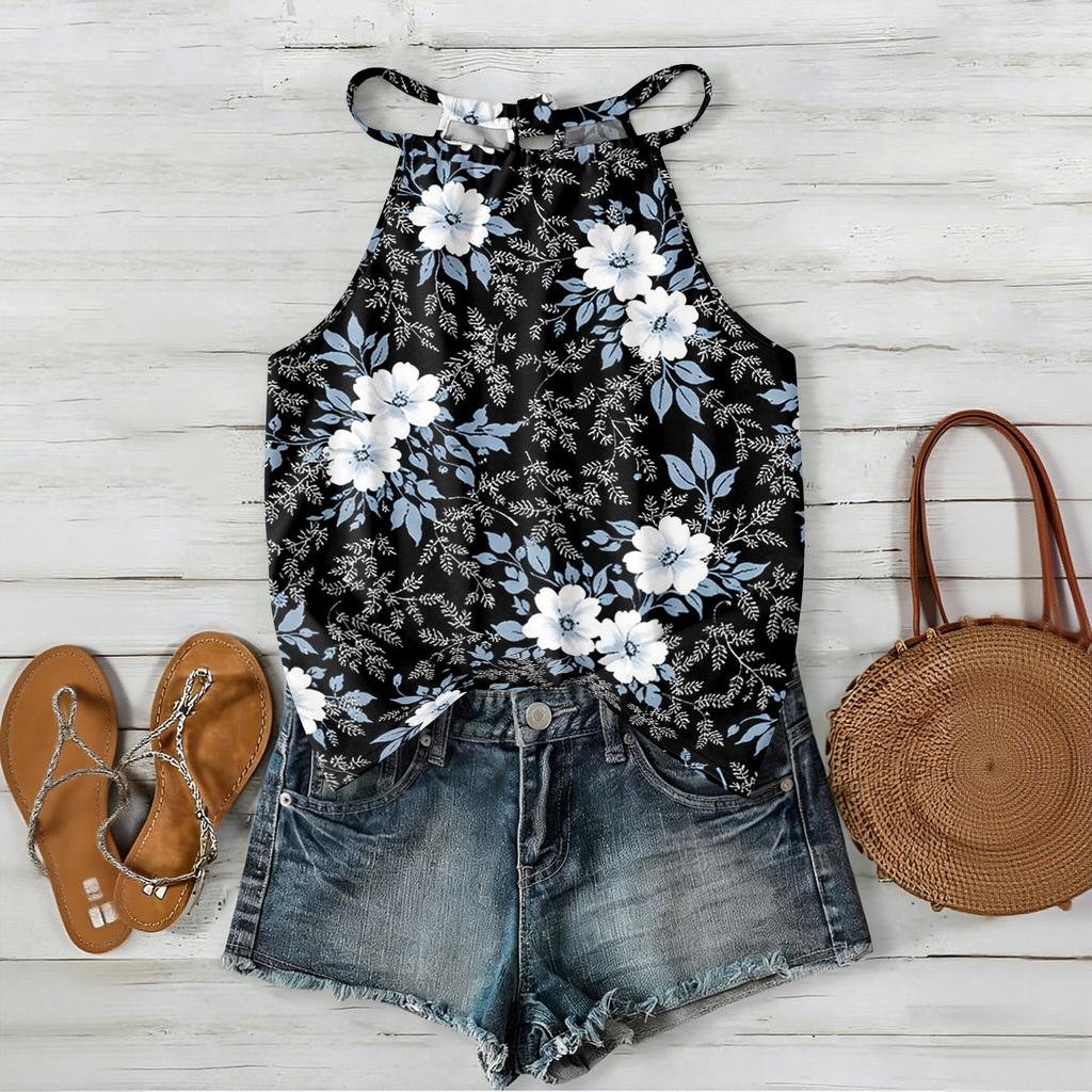 Damen ärmelloses Boho-Tanktop mit Blumendruck Verstellbarer Träger Lässige Sommerbluse Leicht Lockerer Schnitt