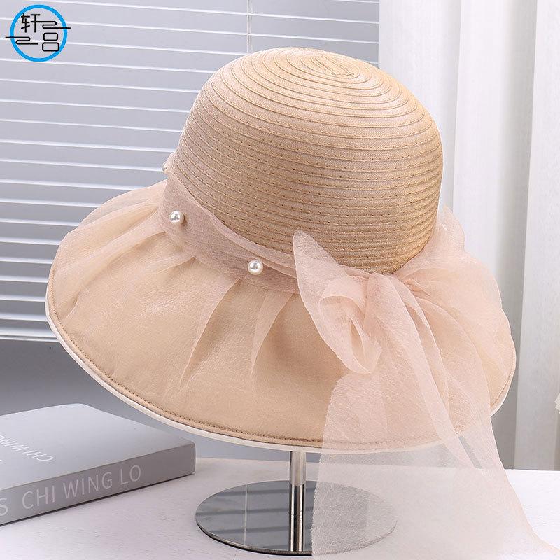 New lace mesh pearl decoration breathable comfortable bucket hat outdoor travel versatile elegant sun hat