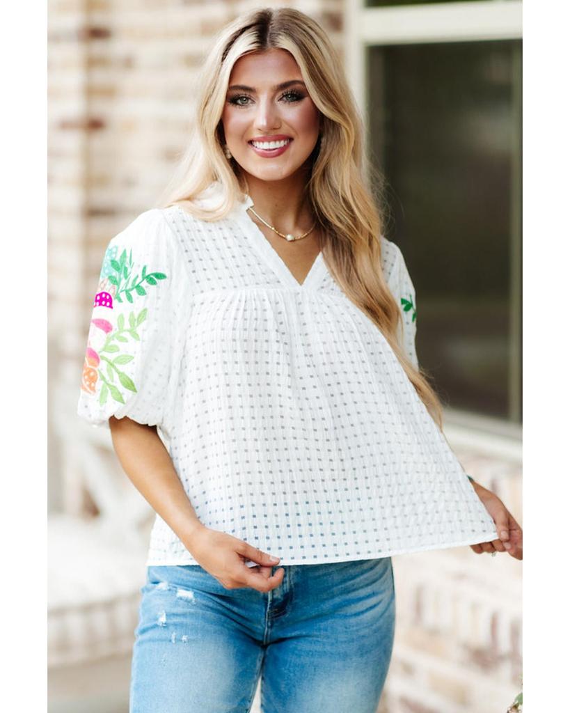 Azura Exchange White Floral Embroidered Puff Sleeve Notched Neck Blouse