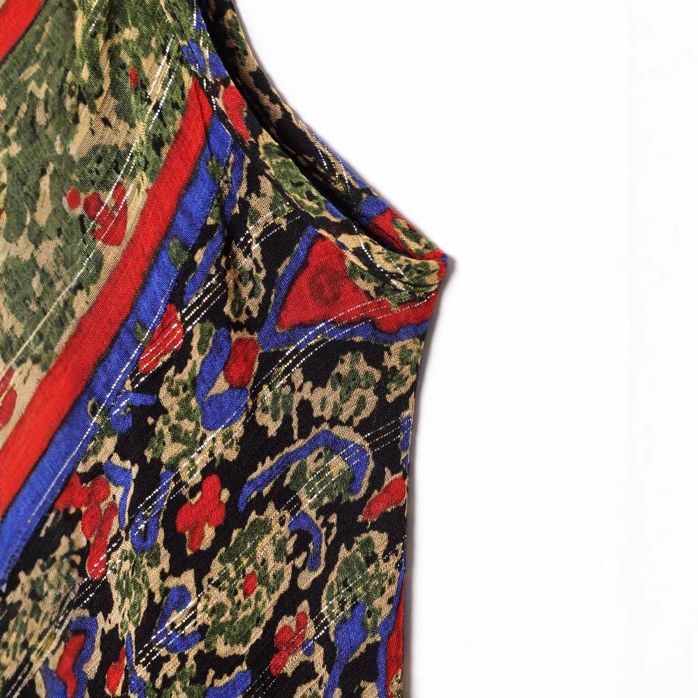 2025 Summer Retro Print V-neck Spaghetti Strap Midi Dress for Women